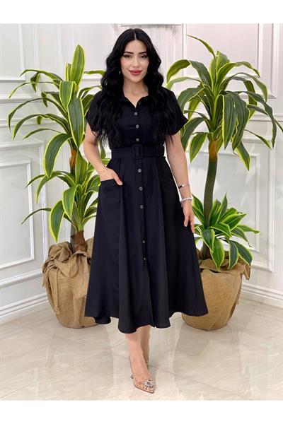 Kısa Kol Gömlek Elbise 5153-Siyah