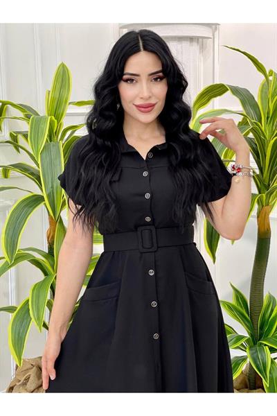 Kısa Kol Gömlek Elbise 5153-Siyah