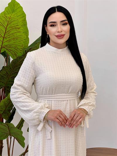 Kol Bağçık Bağlama Elbise 9525 Ekru