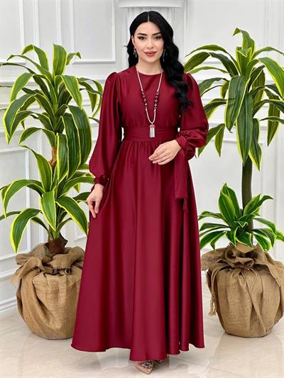 Kol Bağcıklı Kolyeli Saten Elbise 1518 T-24 Bordo
