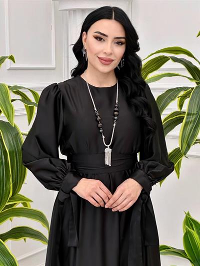 Kol Bağcıklı Kolyeli Saten Elbise 1518 T-24 Siyah