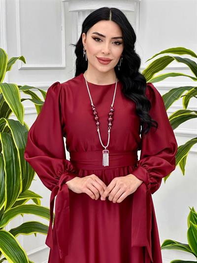 Kol Bağcıklı Kolyeli Saten Elbise 1518 T-24 Bordo