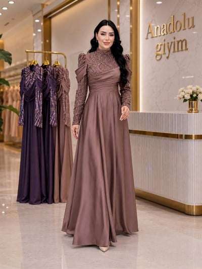 Kol Bant Saten İşlemeli Abiye 4372 T-26 Rose