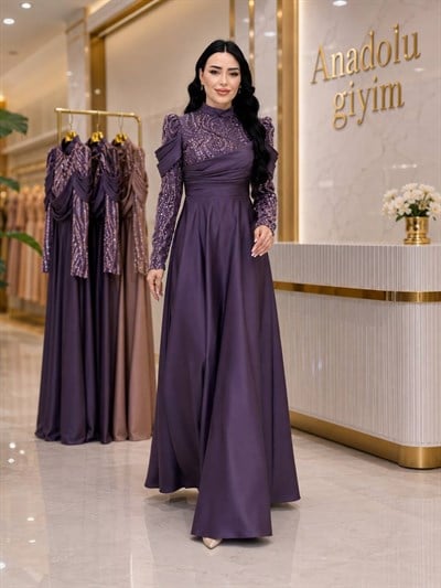 Kol Bant Saten İşlemeli Abiye 4372 T-26 Leylak
