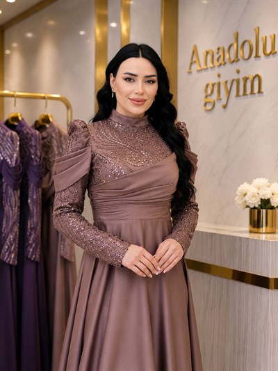 Kol Bant Saten İşlemeli Abiye 4372 T-26 Rose