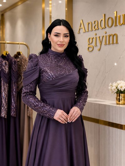 Kol Bant Saten İşlemeli Abiye 4372 T-26 Leylak