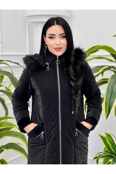 Kol Cep Ağzı Kürk Şişme Kaban 7301 Siyah