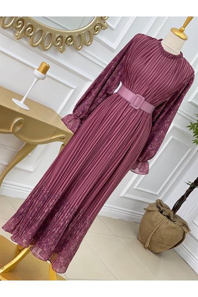 Kol Desen Piliseli Elbise 1131 Rose