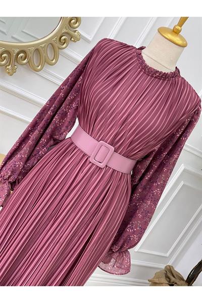 Kol Desen Piliseli Elbise 1131 Rose
