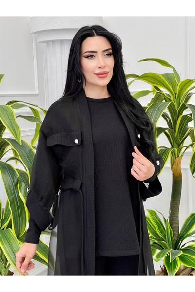 Kol Detay Tül Ceket 3 Lü Takım 7114 Siyah