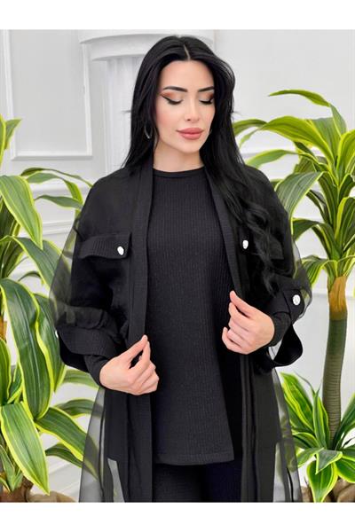 Kol Detay Tül Ceket 3 Lü Takım 7114 Siyah