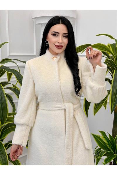 Kol Fermuar Angora Kürk Kaban 7344 Beyaz