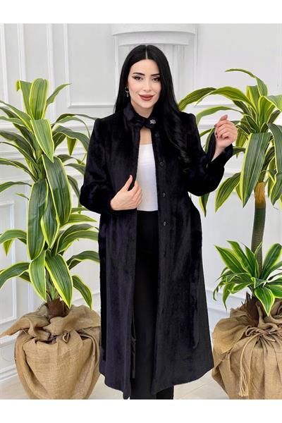 Kol Fermuar Angora Kürk Kaban 7344 Siyah
