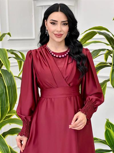 Kol Lastik Ara Boy Saten Elbise 1534 T-24 Bordo