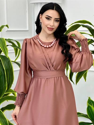 Kol Lastik Ara Boy Saten Elbise 1534 T-24 Pudra