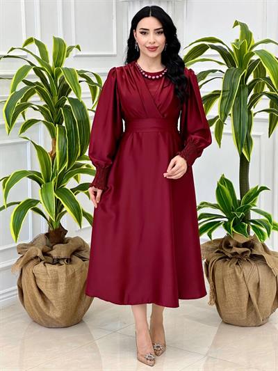 Kol Lastik Ara Boy Saten Elbise 1534 T-24 Bordo