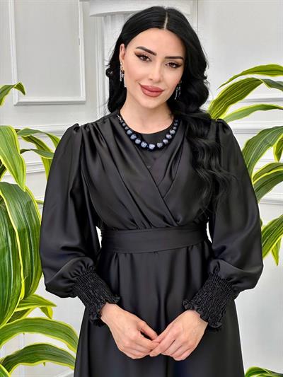 Kol Lastik Ara Boy Saten Elbise 1534 T-24 Siyah