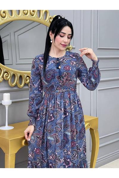 Kol Lastik Etnik Elbise 3356 İndigo Mavi