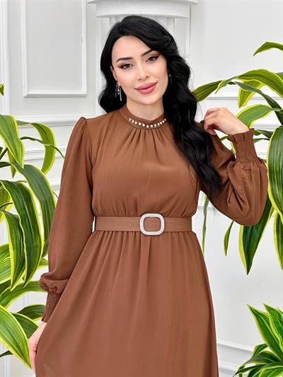Kol Lastik Manşet Şifon Elbise 3480 T-24 Kahverengi