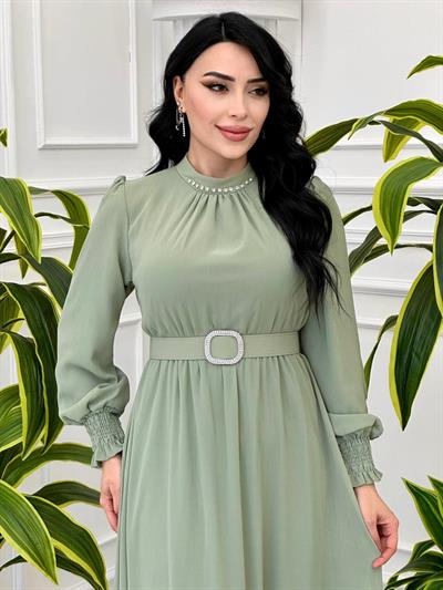 Kol Lastik Manşet Şifon Elbise 3480 T-24 Mint yeşili