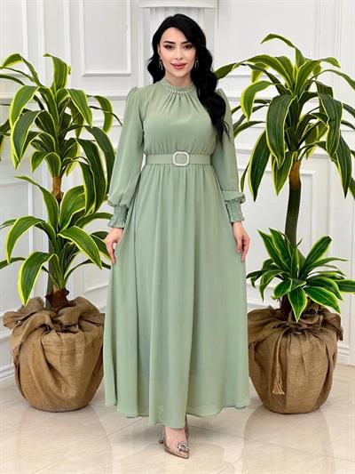 Kol Lastik Manşet Şifon Elbise 3480 T-24 Mint yeşili