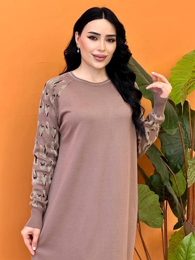 Kol Leopar Desen Örme Elbise 226 T-25 Vizon