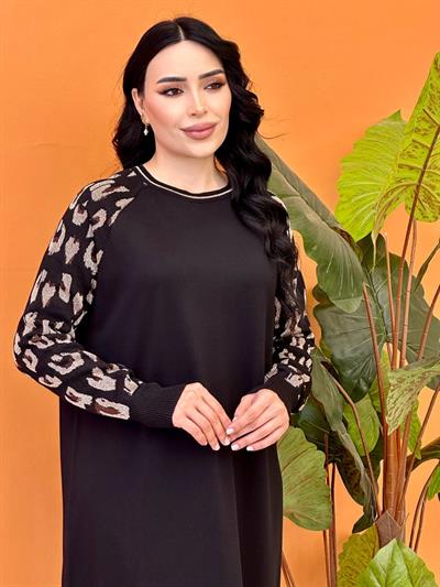 Kol Leopar Desen Örme Elbise 226 T-25 Siyah