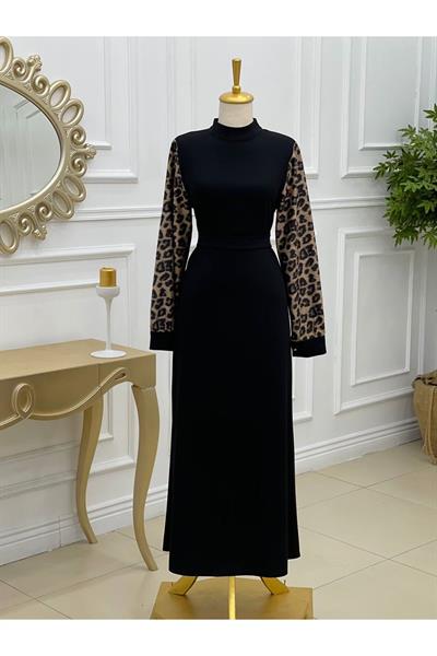 Kol Leopar Elbise 638 Siyah