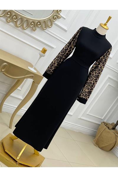Kol Leopar Elbise 638 Siyah