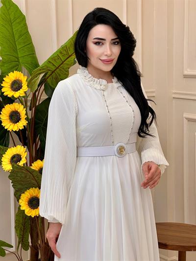 Kol Ön Pilise Şifon Elbise 0450 t025 Beyaz