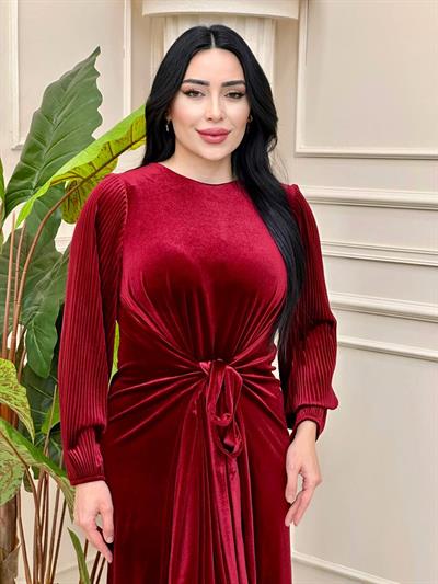 Kol Pilise Bağlamalı Kadife Elbise 4289 t-24 Bordo