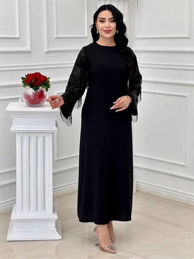 Kol Pul Saçak Elbise 20931 t-24 Siyah