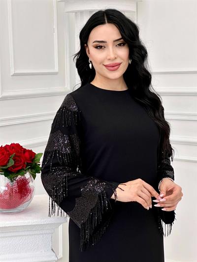 Kol Pul Saçak Elbise 20931 t-24 Siyah