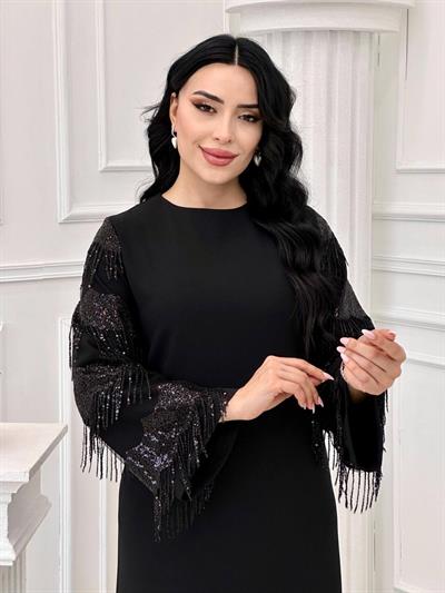 Kol Pul Saçak Elbise 20931 t-24 Siyah