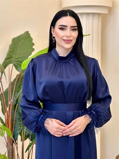 Kol Tüy Eteği Taş İşleme Saten Elbise 0511 T-25 Lacivert