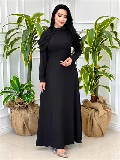 Kol Üç Bant Krep Elbise  5108 t-24 Siyah