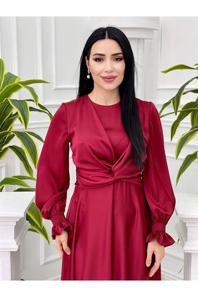 Kol Ucu Lastikli Saten Elbise 3389 Bordo