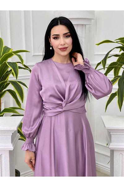 Kol Ucu Lastikli Saten Elbise 3389 Lila