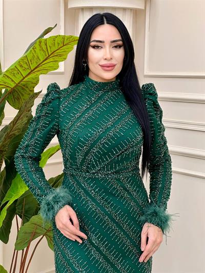 Kol Uçu Tüy İnci İşleme Abiye 4931 t-24 Zümrüt Yeşil