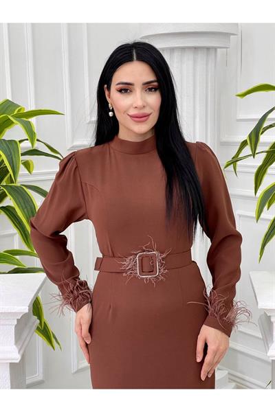 Kol Uçu Tüylü Krep Elbise 1278 Kahverengi