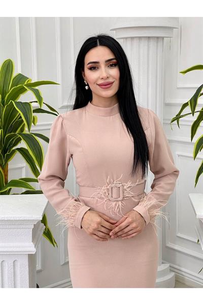 Kol Uçu Tüylü Krep Elbise 1278 Taş