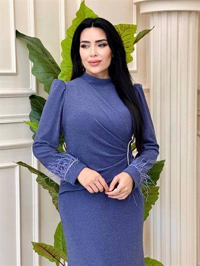 Kol Uçu Tüylü Simli Abiye 5010 t-24 İndigo