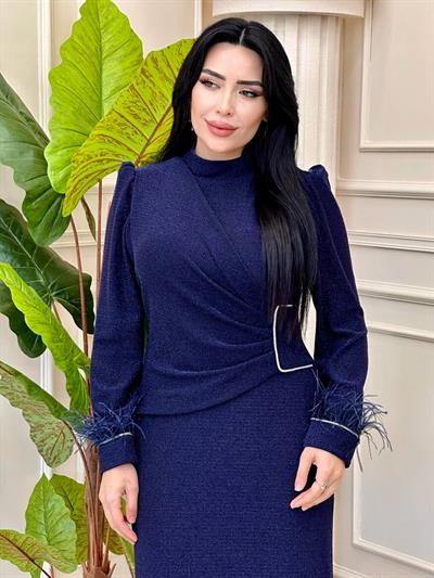 Kol Uçu Tüylü Simli Abiye 5010 t-24 Lacivert