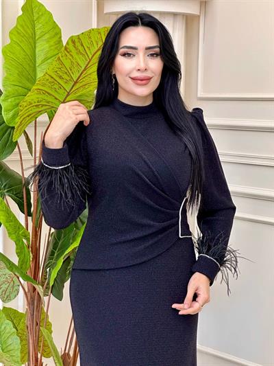 Kol Uçu Tüylü Simli Abiye 5010 t-24 Siyah