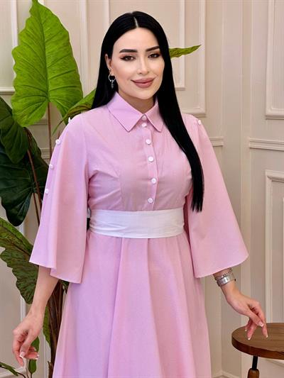 Kol Volanlı Çizgili Elbise 016030 e025 pembe