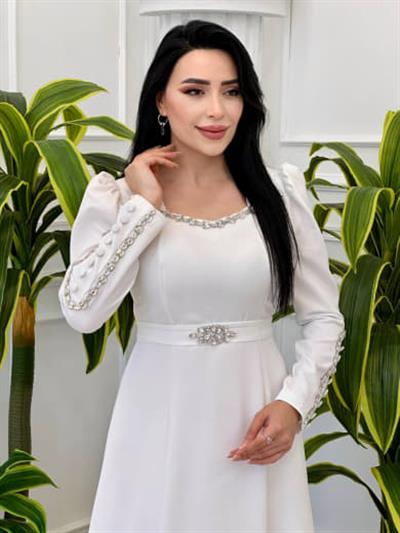 Kol Yaka Taşlı Elbise 382 t-24 Beyaz