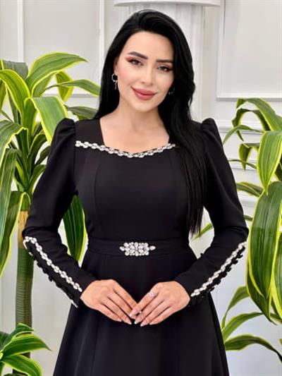 Kol Yaka Taşlı Elbise 382 t-24 Siyah