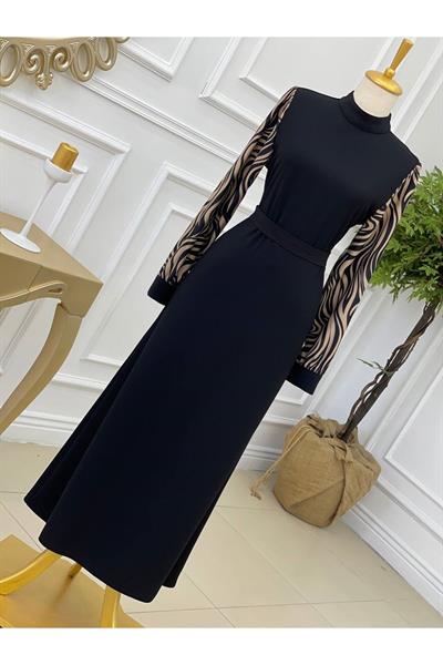Kol Zebra Elbise 638 Siyah