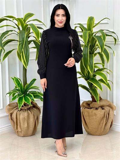 Kolları Çizği Detay Krep Elbise 930 t-24 Siyah