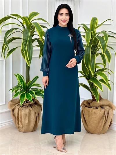 Kolları Çizği Detay Krep Elbise 930 t-24 Zümrüt Yeşil